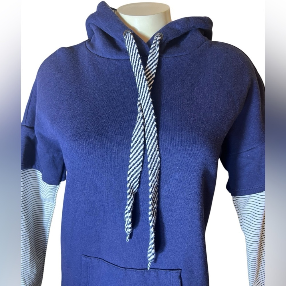Navy Blue Hoodie Dress with Striped Sleeves - Picture 5 of 8